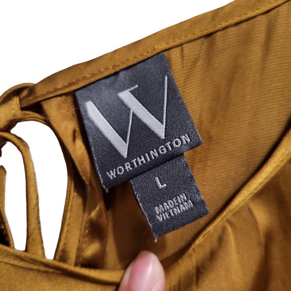 Worthington‎ Gold Silky Crinkle Sleeveless Back Cutout A-Line Midi Dress Sz lg - Picture 8 of 9